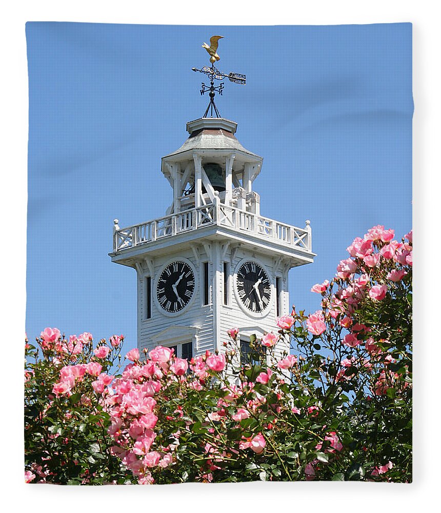 Clock Fleece Blanket featuring the photograph Clock Tower and Roses by William Selander