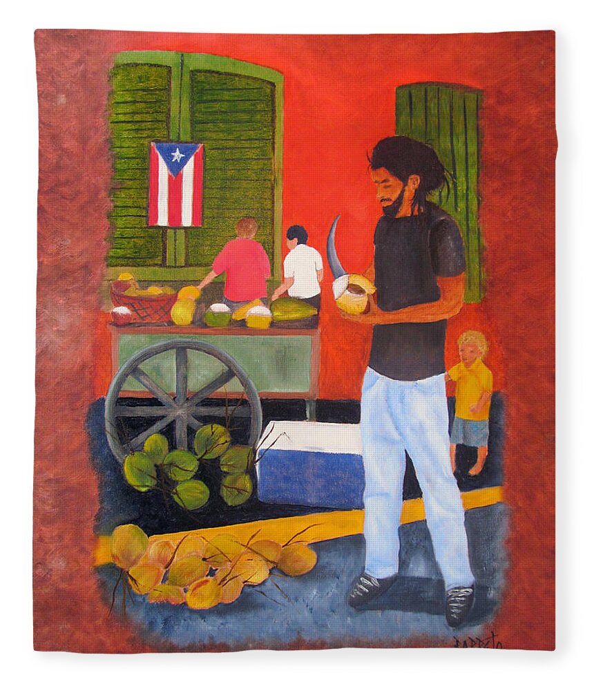 Coconuts Fleece Blanket featuring the painting Coconut Man by Gloria E Barreto-Rodriguez