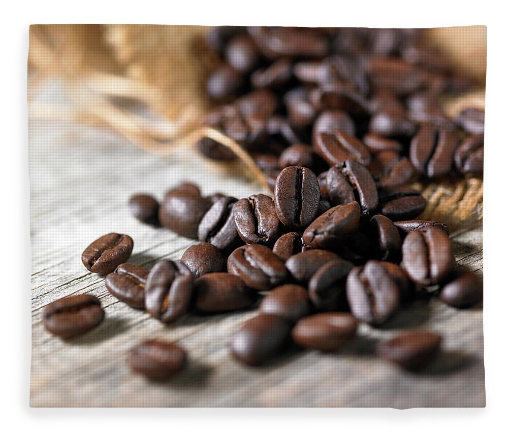 Greece Fleece Blanket featuring the photograph Coffee Beans On Wooden Surface by Maria Toutoudaki