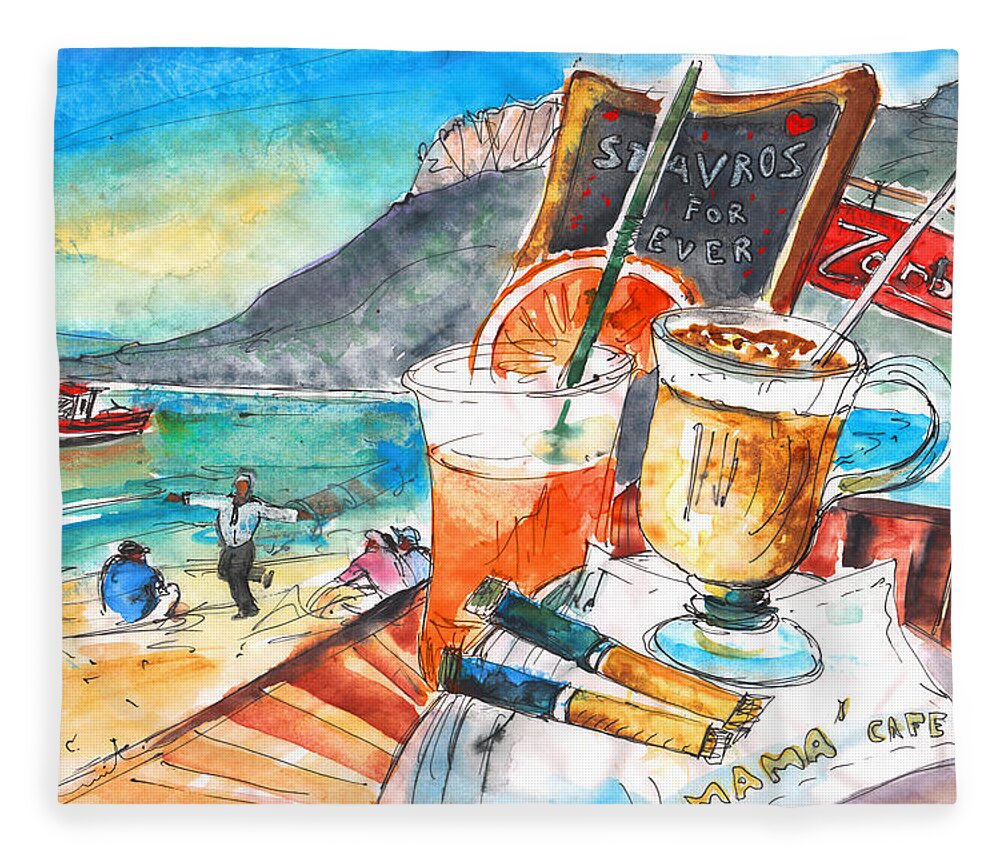 Travel Art Fleece Blanket featuring the painting Coffee Break in Stavros in Crete by Miki De Goodaboom