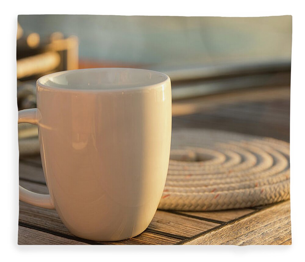 Sailboat Fleece Blanket featuring the photograph Coffee Or Tea Cup On 62 Foot Sailboat by Gary S Chapman