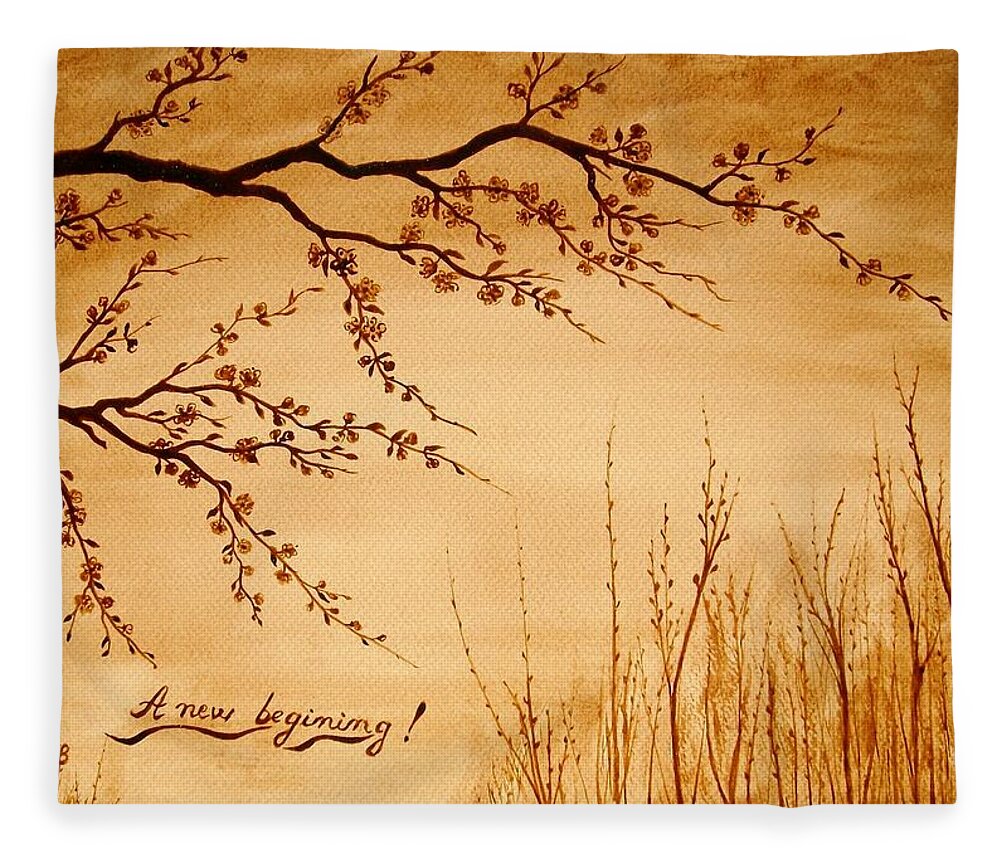Coffee painting Cherry Blossoms Fleece Blanket by Georgeta Blanaru ...