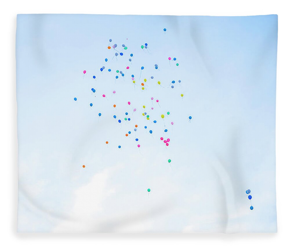 Event Fleece Blanket featuring the photograph Colorful Balloons Flying Away In Blue by Malorny