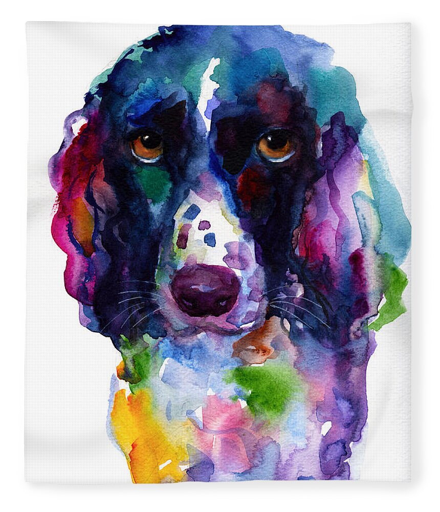 Hunter Dog Fleece Blanket featuring the painting Colorful English Springer Setter Spaniel dog portrait art by Svetlana Novikova