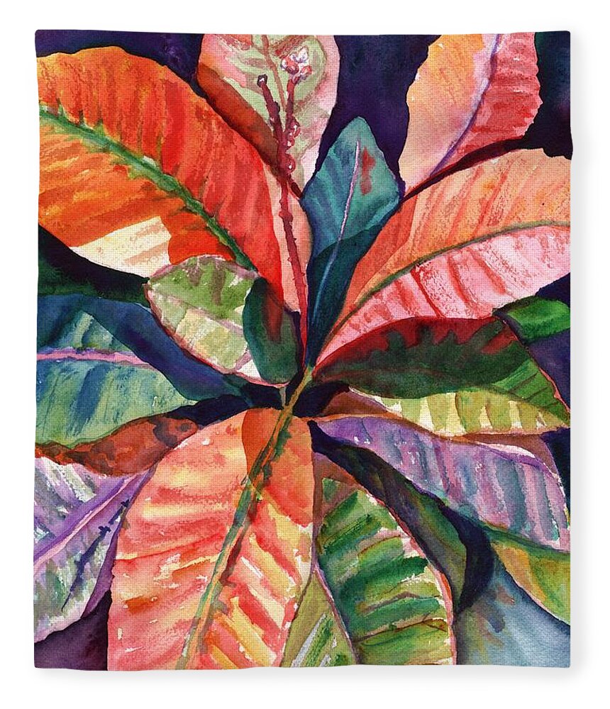 Tropical Leaves Fleece Blanket featuring the painting Colorful Tropical Leaves 1 by Marionette Taboniar