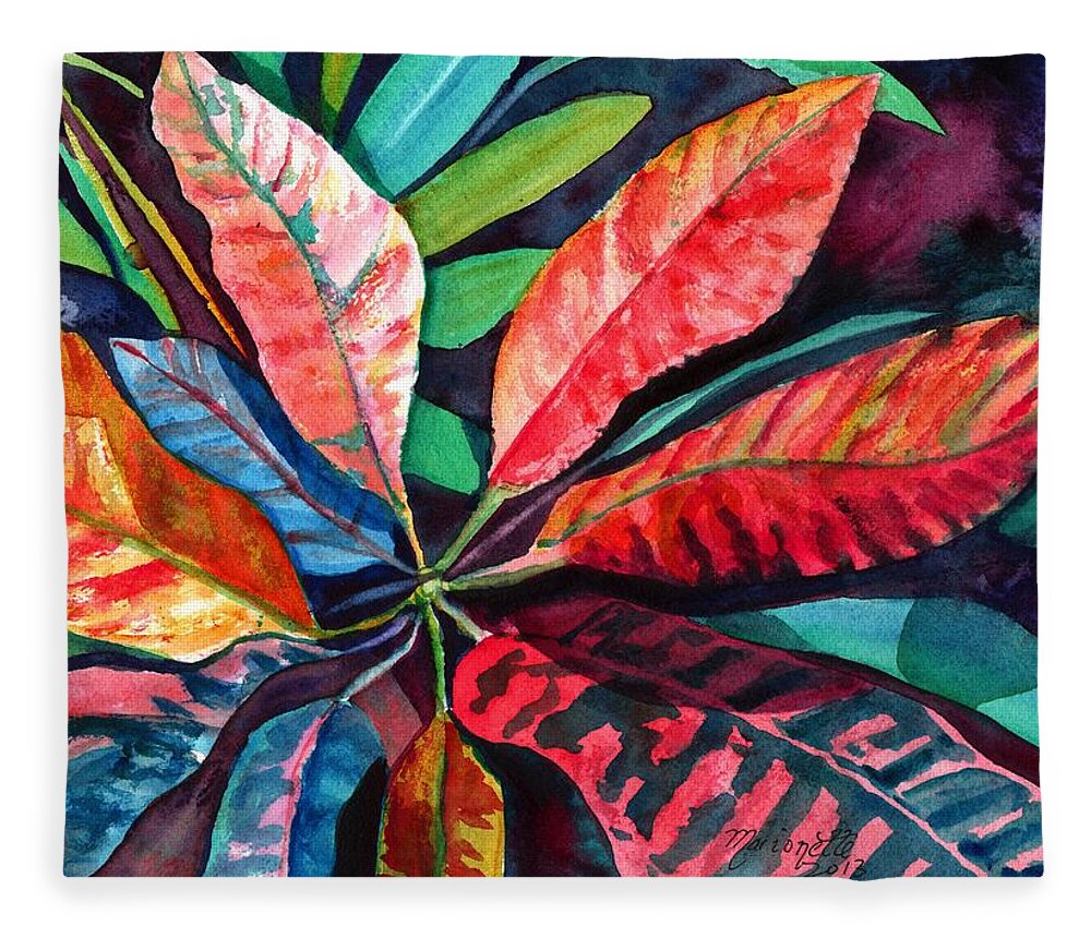 Tropical Leaves Fleece Blanket featuring the painting Colorful Tropical Leaves 2 by Marionette Taboniar