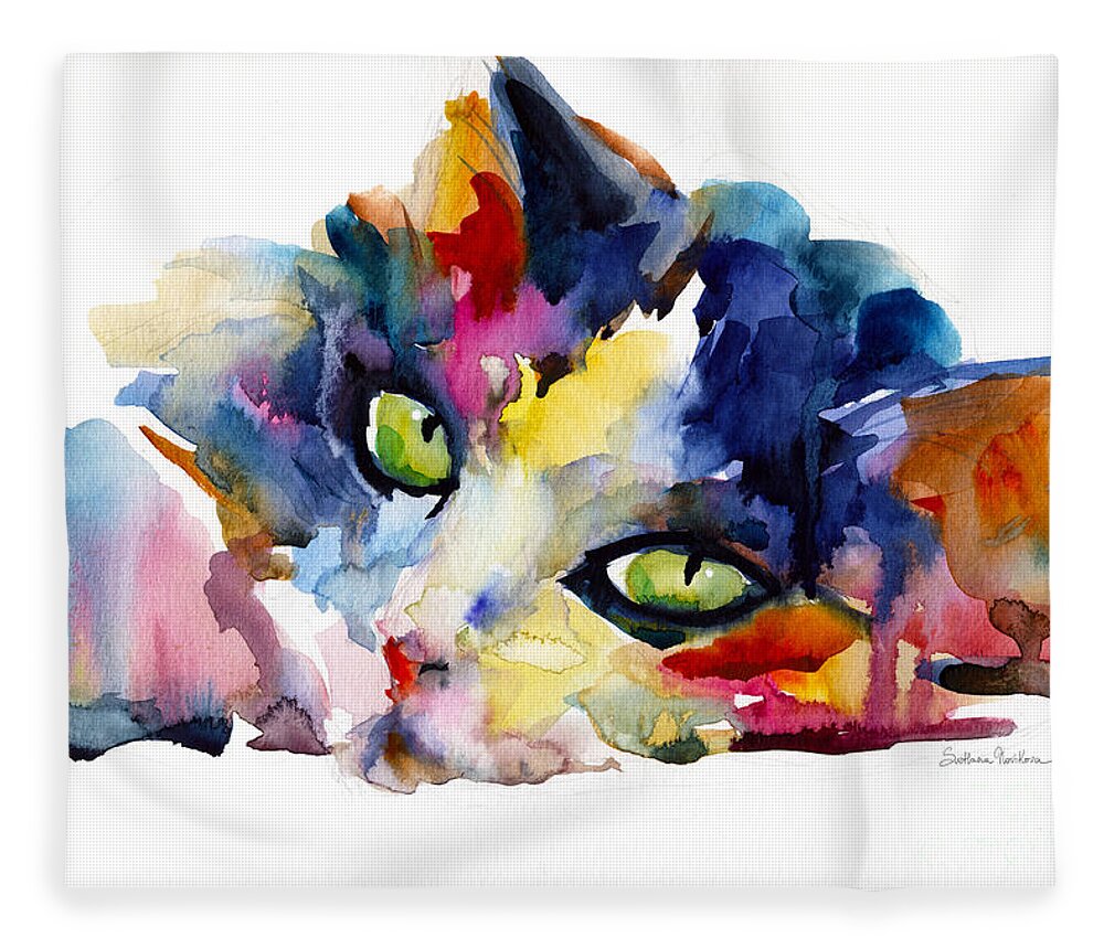 Tubby Cat Fleece Blanket featuring the painting Colorful Tubby cat painting by Svetlana Novikova