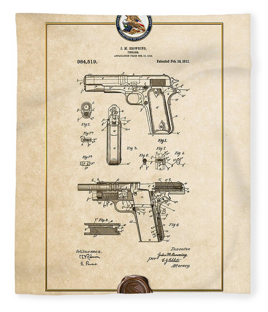 C7 Vintage Patents Weapons And Firearms Fleece Blanket featuring the digital art Colt 1911 by John M. Browning - Vintage Patent Document by Serge Averbukh
