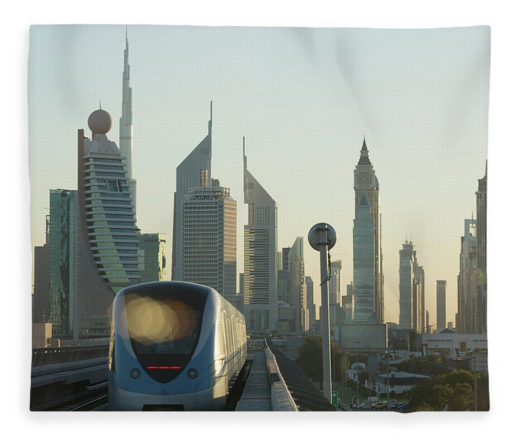 Financial District Fleece Blanket featuring the photograph Commuter Train Speeds Towards Financial by Ascent Xmedia