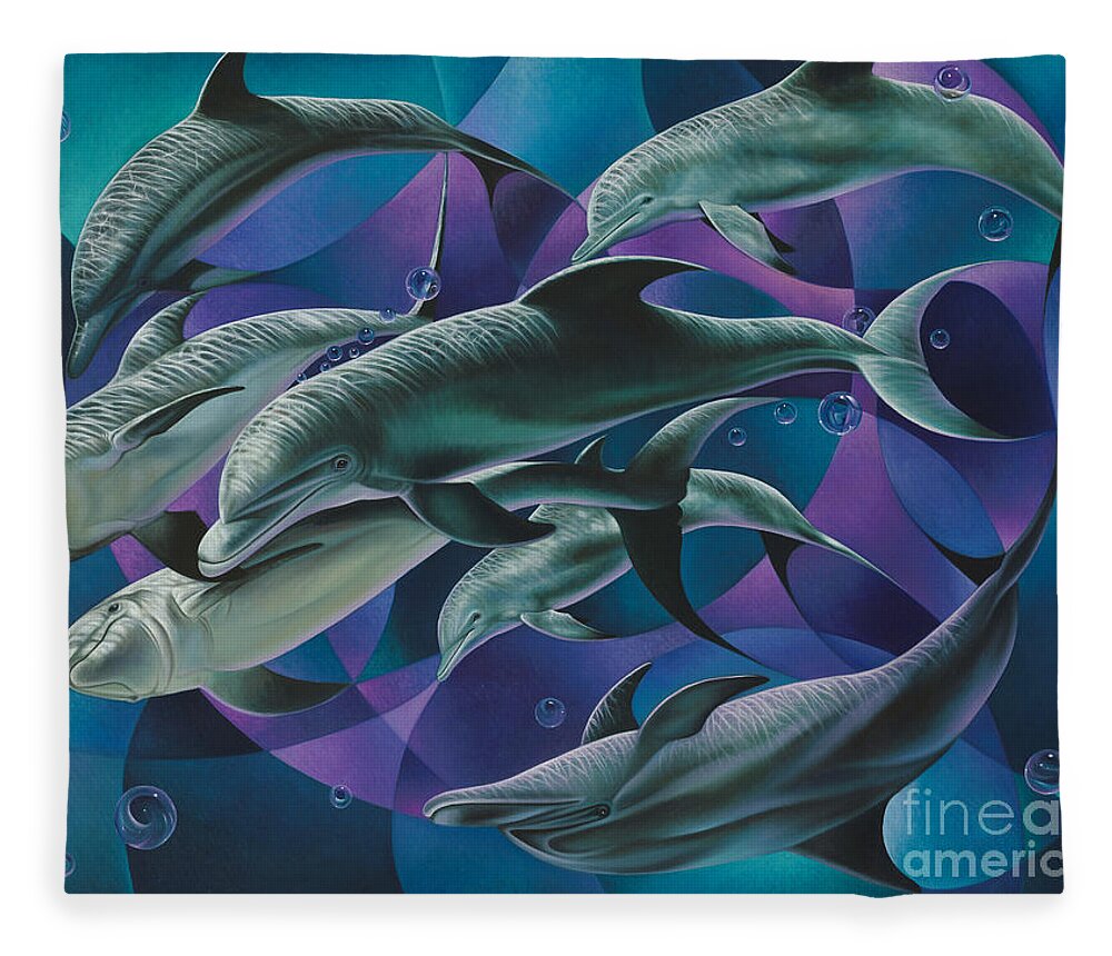 Dolphins Fleece Blanket featuring the painting Corazon del Mar by Ricardo Chavez-Mendez