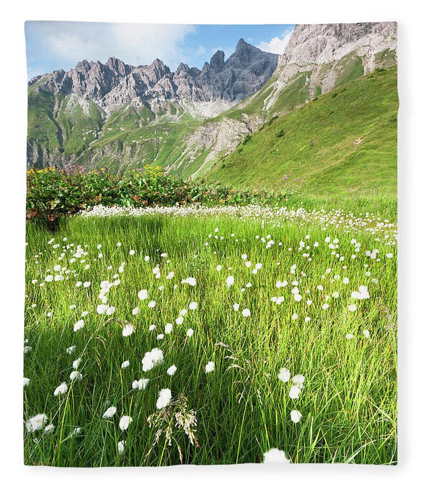 Scenics Fleece Blanket featuring the photograph Cotton Grass In A Meadow, Allgäuer Alps by Ingmar Wesemann