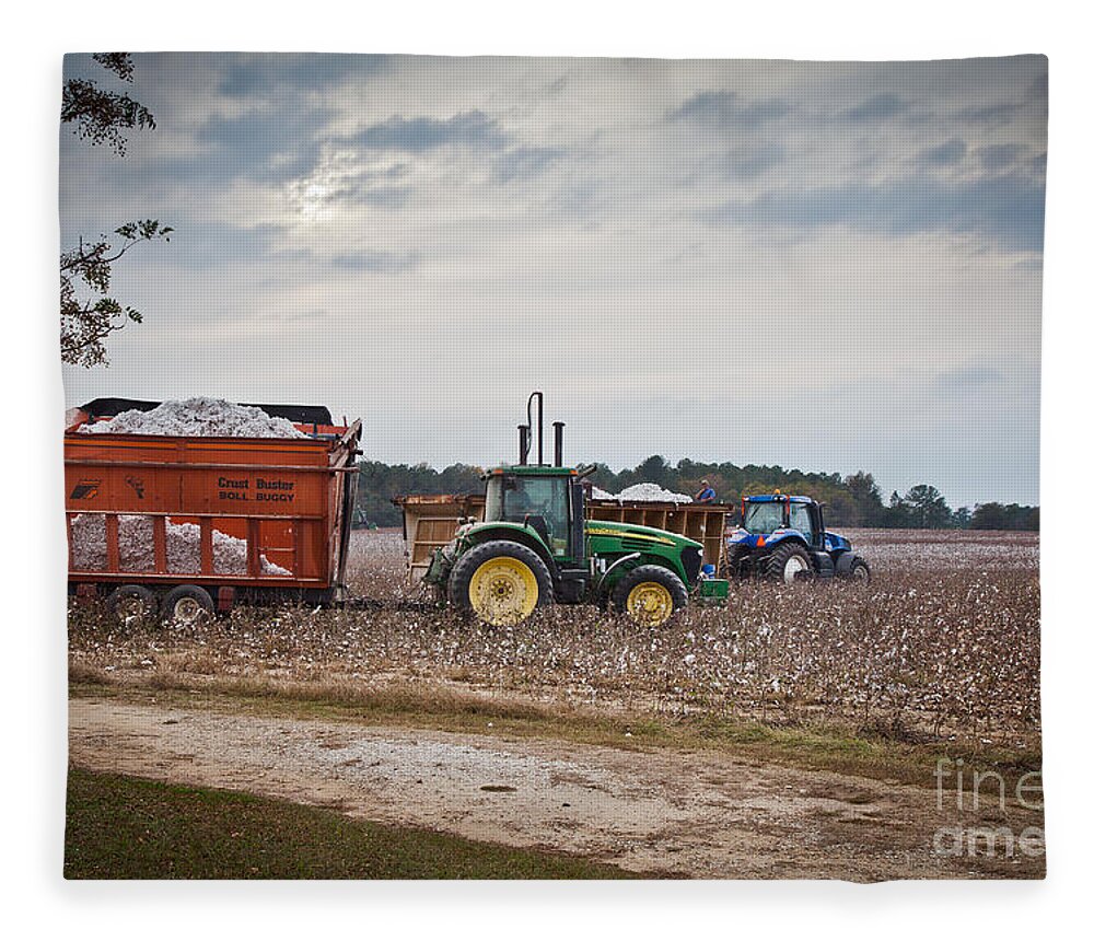 Agricultural Fleece Blanket featuring the photograph Cotton Harvest with Machinery in Cotton Field by Jo Ann Tomaselli
