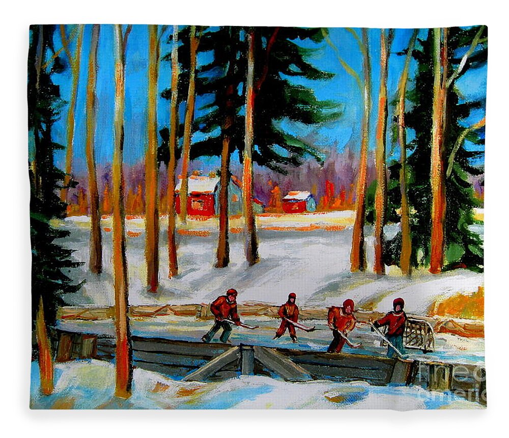 Hockey Fleece Blanket featuring the painting Country Hockey Rink by Carole Spandau