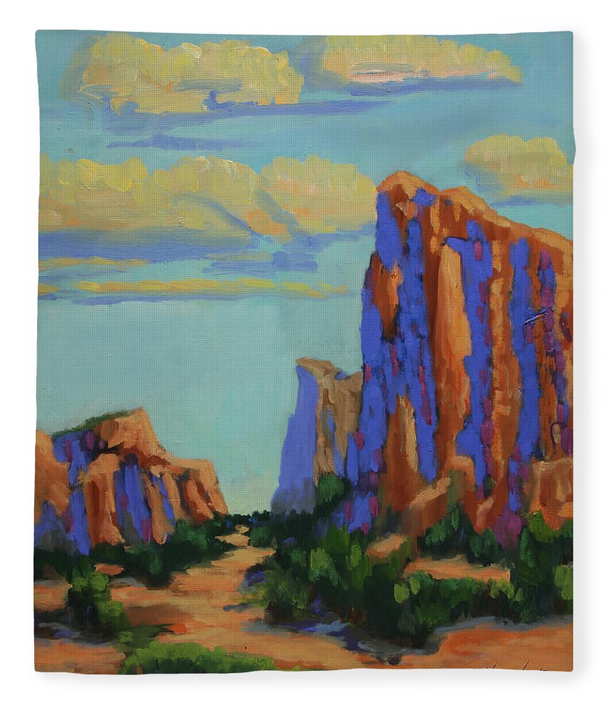 Sedona Fleece Blanket featuring the painting Courthouse Rock in Sedona by Maria Hunt