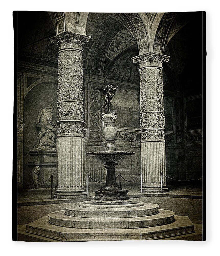 Courtyard Palazzo Becchio Fleece Blanket featuring the photograph Courtyard Fountain lomo by Weston Westmoreland