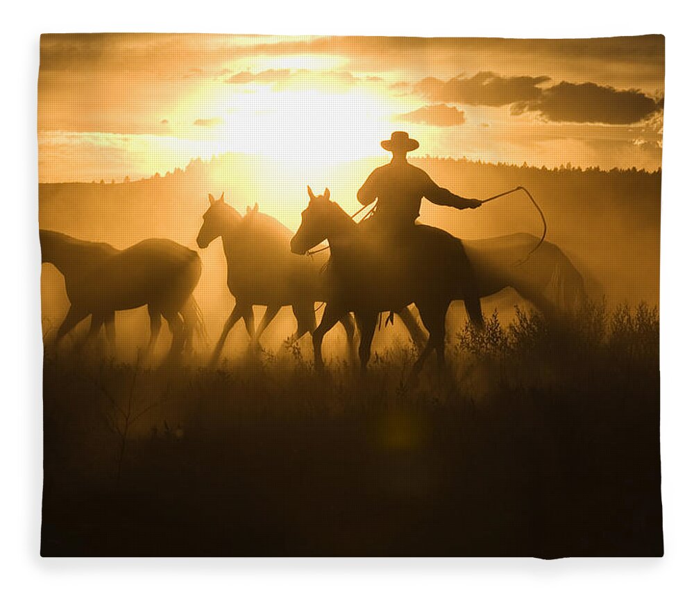 Feb0514 Fleece Blanket featuring the photograph Cowboy With Lasso Herding Horses Oregon by Konrad Wothe