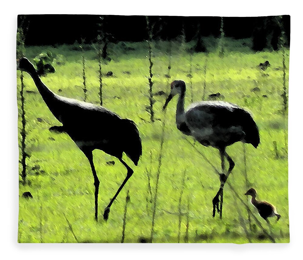 Sandhill Fleece Blanket featuring the painting Cranes with Baby Close Behind by George Pedro