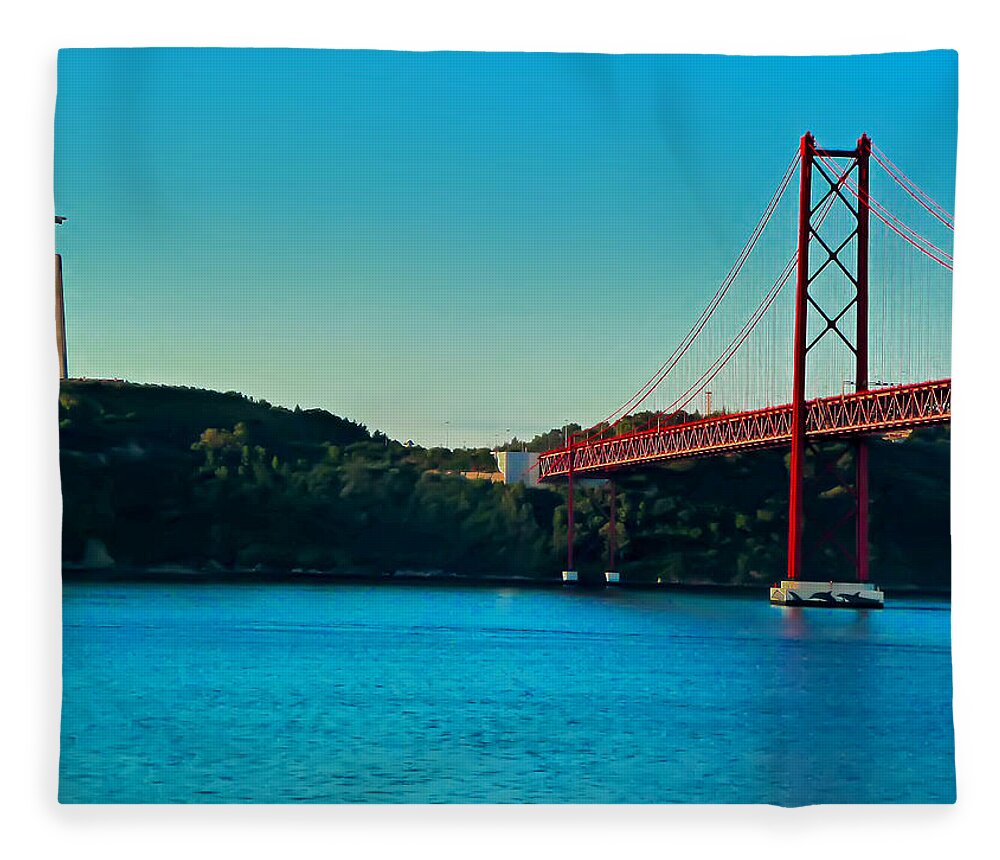 Lisbon Fleece Blanket featuring the photograph Cristo Rei and the 25 de Abril Bridge by Mitchell R Grosky