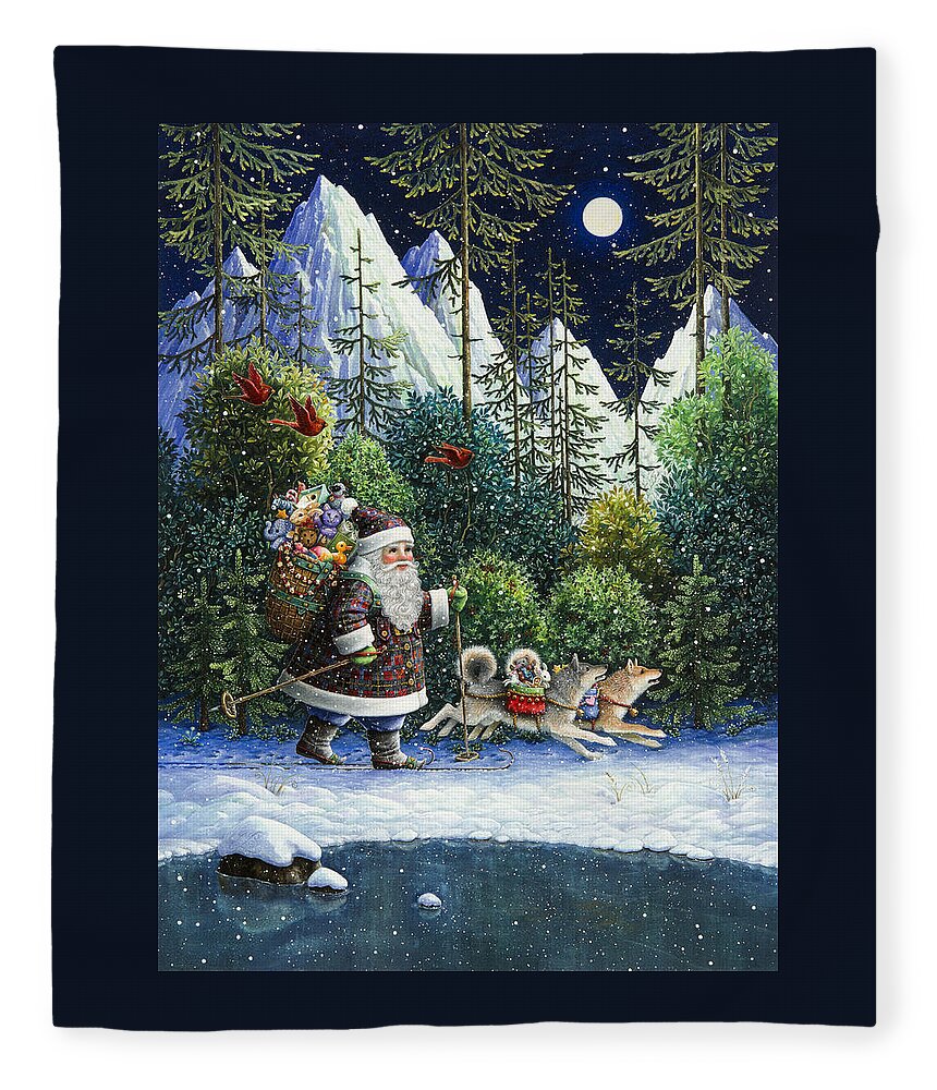 Santa Claus Fleece Blanket featuring the painting Cross-Country Santa by Lynn Bywaters