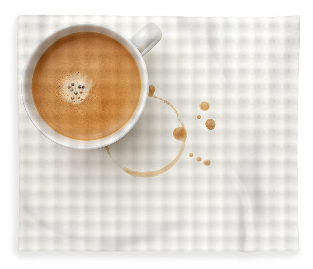 White Background Fleece Blanket featuring the photograph Cup Of Foaming Coffee And A Coffee Stain by Anthony Bradshaw