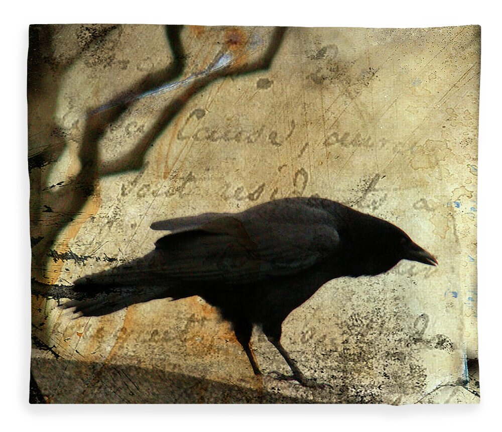 Blackbird Fleece Blanket featuring the digital art Curious Crow #1 by Gothicrow Images