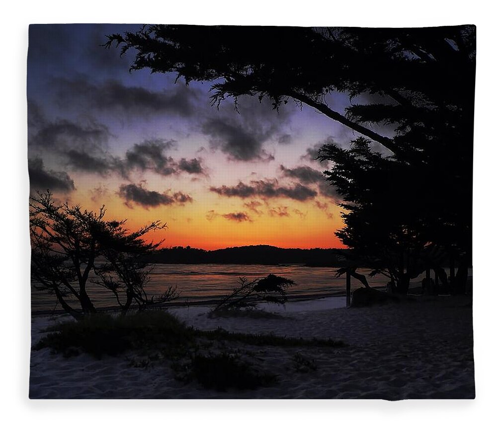 Beach Fleece Blanket featuring the photograph Cypress Tree Sunset at Carmel by Steve Ondrus