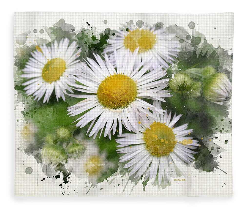 Daisy Fleece Blanket featuring the mixed media Daisy Watercolor Flowers by Christina Rollo