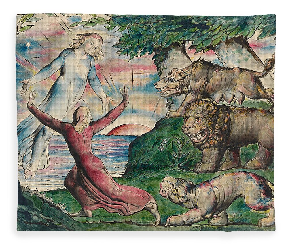 William Blake Fleece Blanket featuring the painting Dante running from the three beasts by William Blake