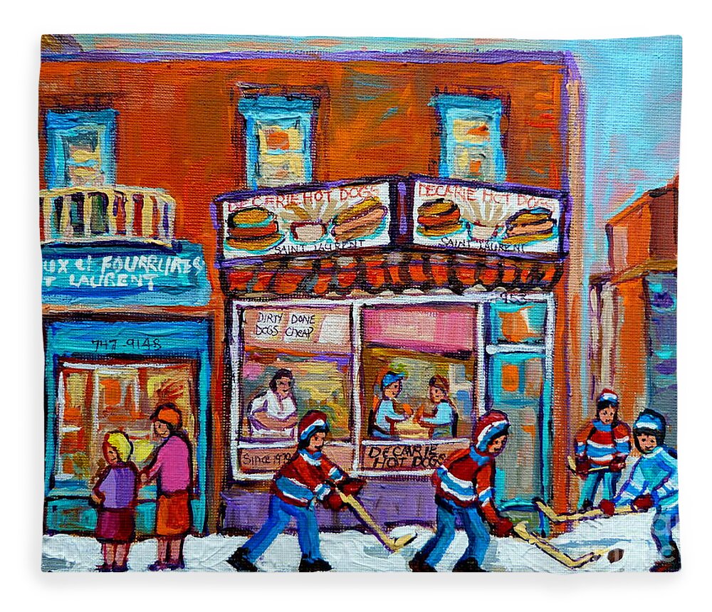 Montreal Fleece Blanket featuring the painting Decarie Hot Dog Restaurant Ville St. Laurent Montreal by Carole Spandau