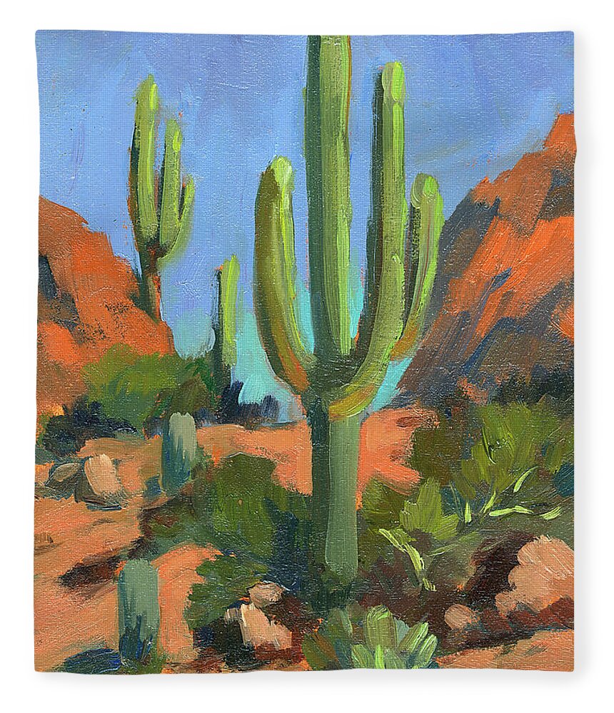 Desert Morning Fleece Blanket featuring the painting Desert Morning Saguaro by Diane McClary