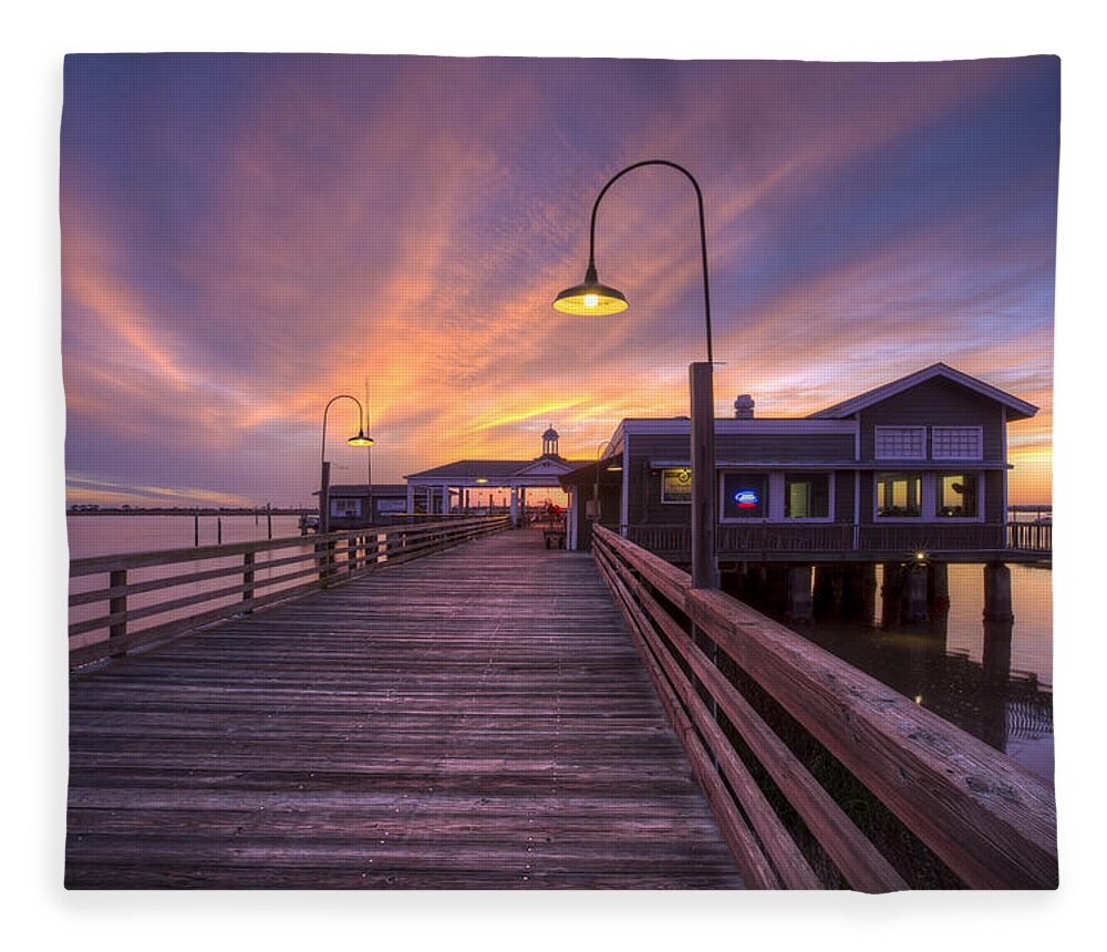 Clouds Fleece Blanket featuring the photograph Dock Lights at Dusk by Debra and Dave Vanderlaan
