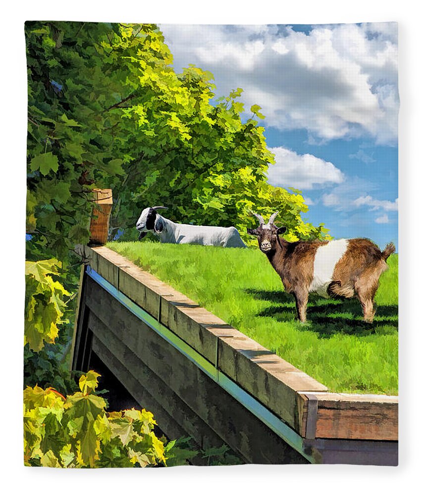 Door County Fleece Blanket featuring the painting Door County Al Johnsons Swedish Restaurant Goats by Christopher Arndt