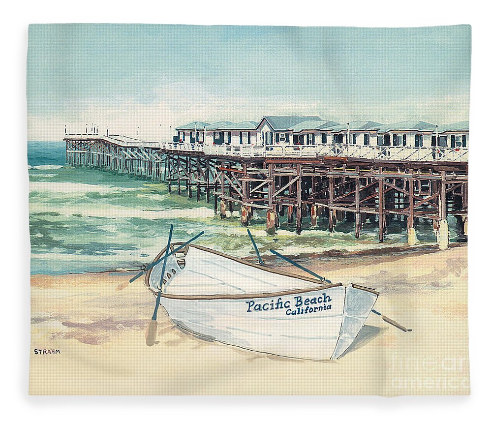 Crystal Pier Fleece Blanket featuring the painting Crystal Pier Pacific Beach San Diego by Paul Strahm