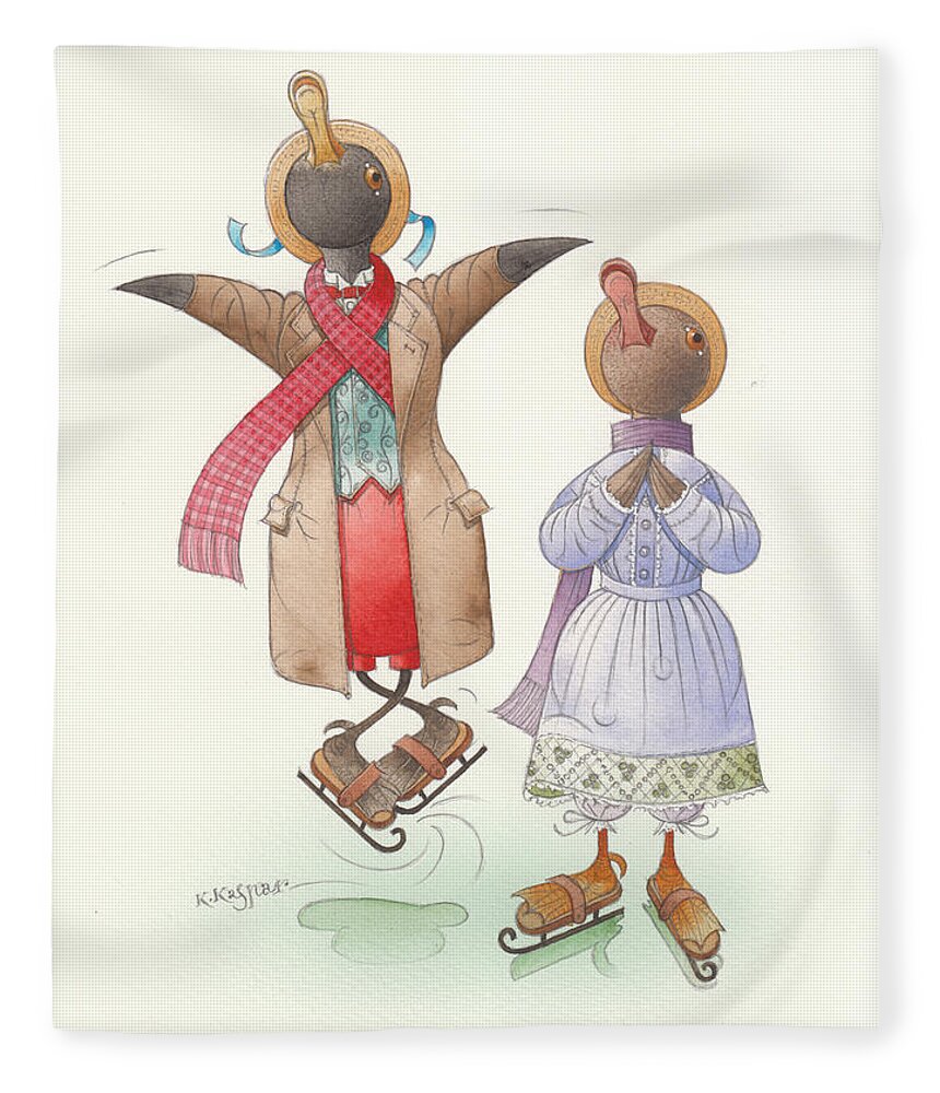 Christmas Winter Snow Ice White Greeting Cards Dance Ducks Violet Red Fleece Blanket featuring the painting Ducks on skates 06 by Kestutis Kasparavicius