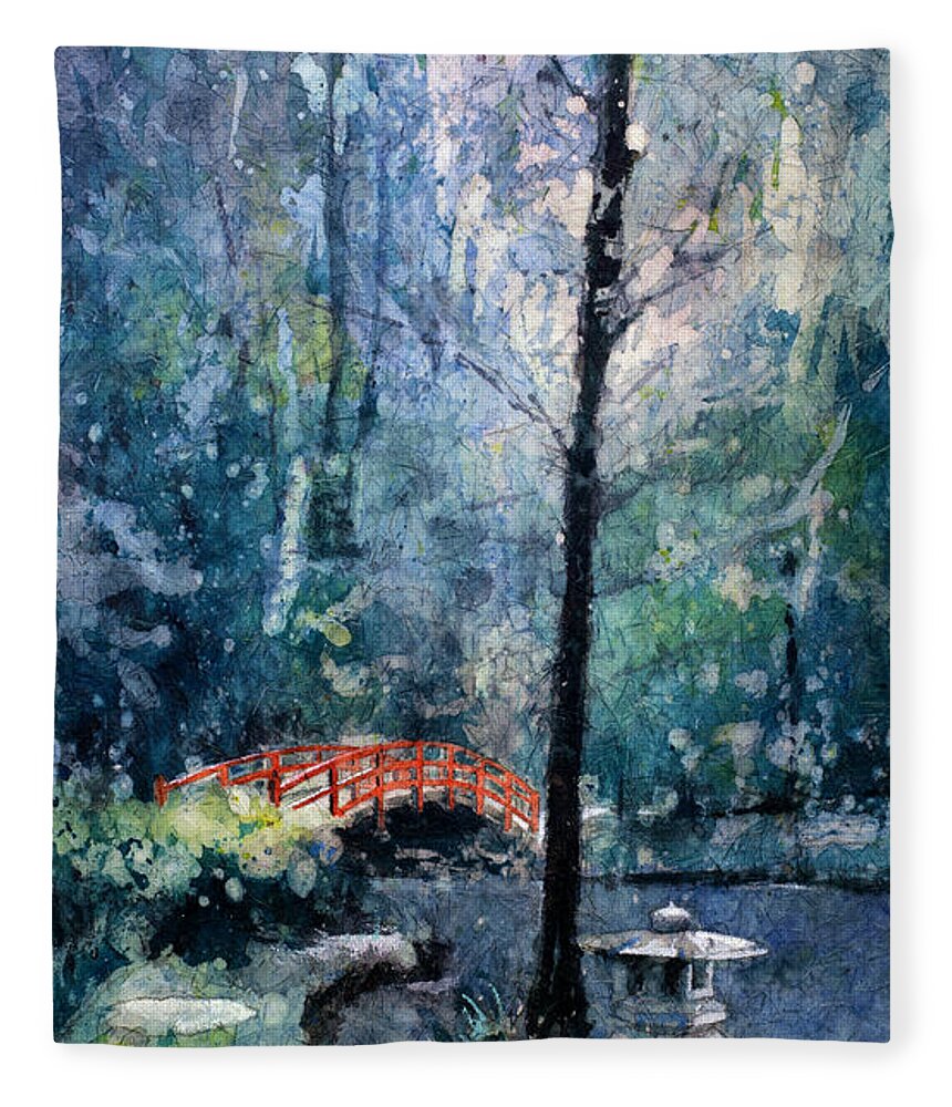  Fleece Blanket featuring the painting Duke Gardens watercolor batik by Ryan Fox