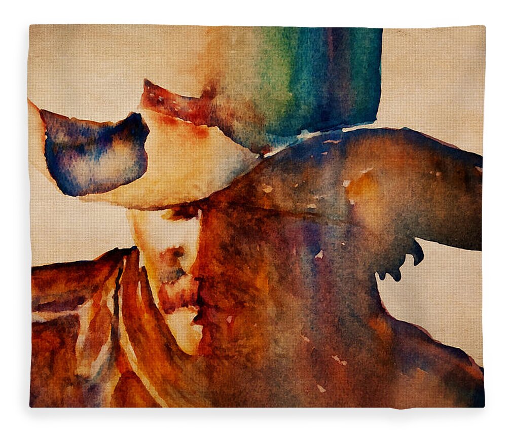 Cowboy Fleece Blanket featuring the painting Dusty Cowboy by Jani Freimann