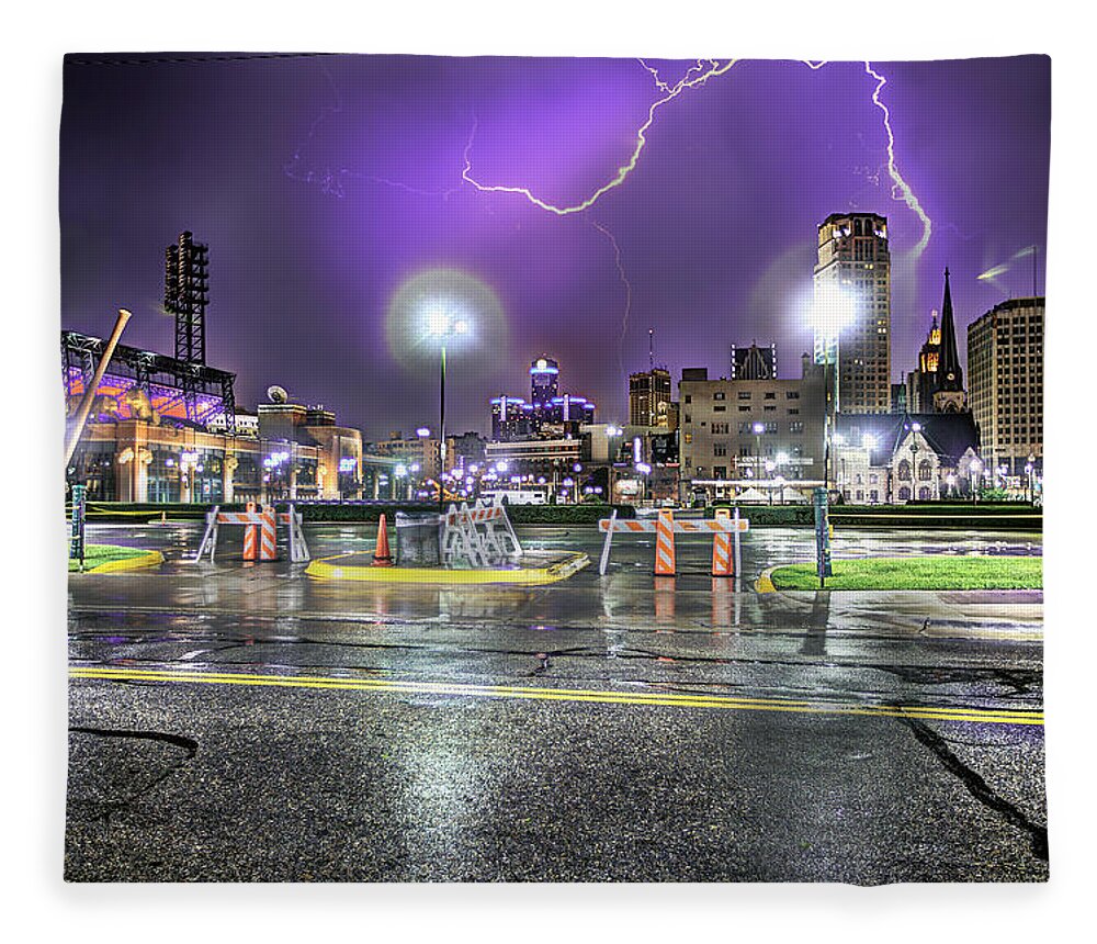 King Kong Fleece Blanket featuring the photograph Electric Detroit by Nicholas Grunas