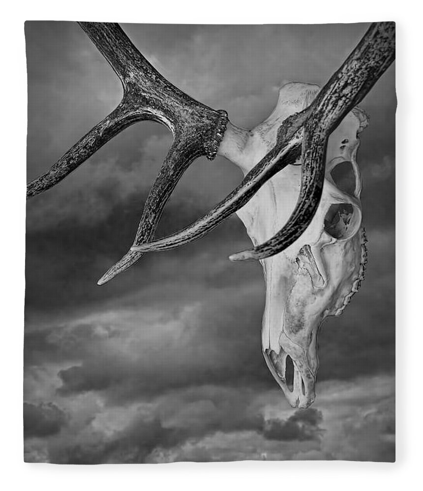 Art Fleece Blanket featuring the photograph Elk Skull with Sky by Randall Nyhof
