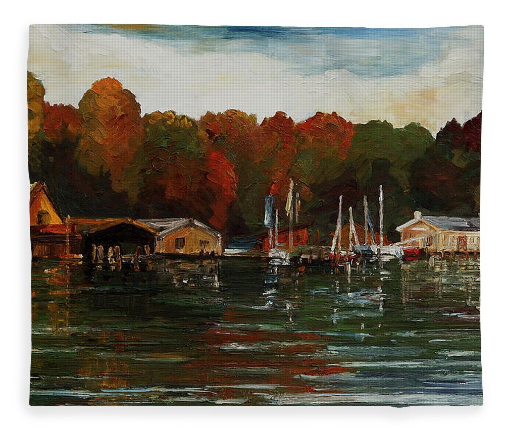 Segelverein Fleece Blanket featuring the painting End Of The Sailing Season - Marina Malchow by Barbara Pommerenke