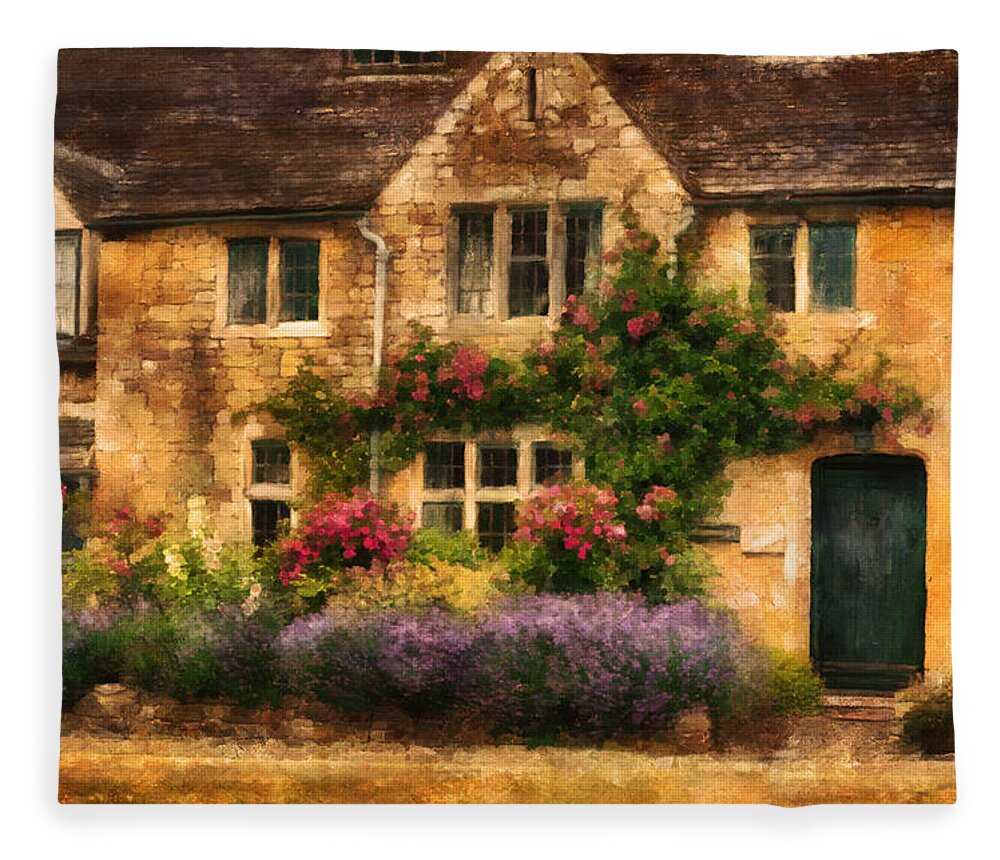 England Fleece Blanket featuring the painting English Stone Cottage by Diane Chandler