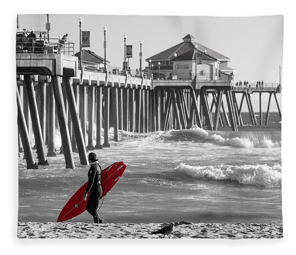 Huntington Beach Fleece Blanket featuring the photograph Existential Surfing At Huntington Beach Selective Color by Scott Campbell