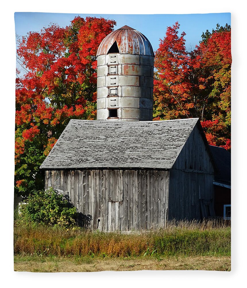 Silo Fleece Blanket featuring the photograph Fall Weathered Barn and Silo by David T Wilkinson