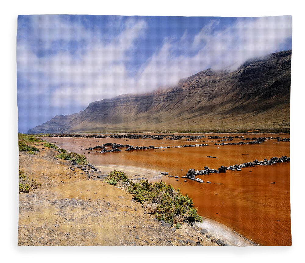 Cliff Fleece Blanket featuring the photograph Famara Cliffs and Salinas del Rio on Lanzarote by Karol Kozlowski