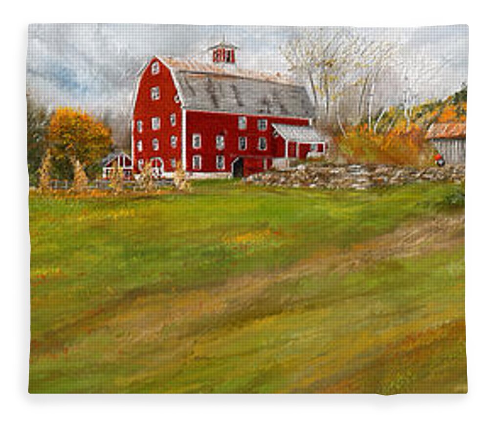 Farmhouse At Robinson Farm Fleece Blanket featuring the painting Red Barn Art- Farmhouse Inn At Robinson Farm by Lourry Legarde