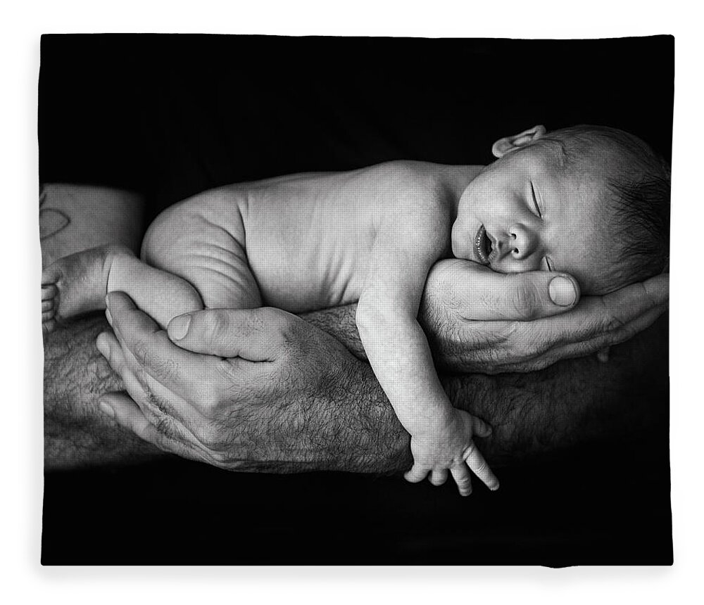 Human Arm Fleece Blanket featuring the photograph Father Holding Newborn Baby by Lise Gagne