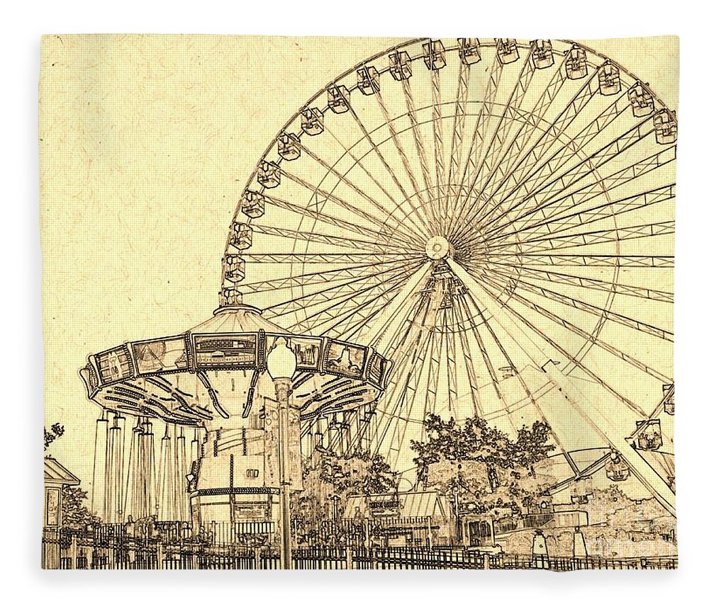 Ferris Wheel Fleece Blanket featuring the digital art Ferris Wheel Navy Pier by Dejan Jovanovic