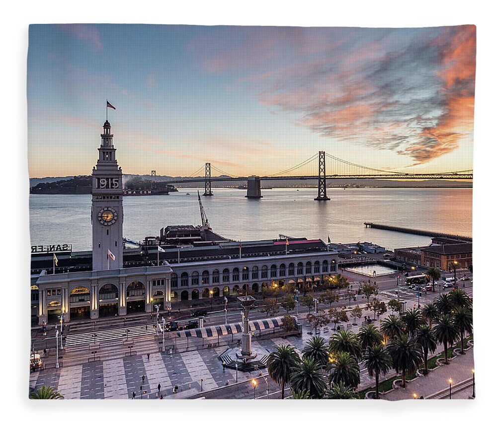 California Fleece Blanket featuring the photograph Ferry Building Sunrise - San Francisco by Michael Lee