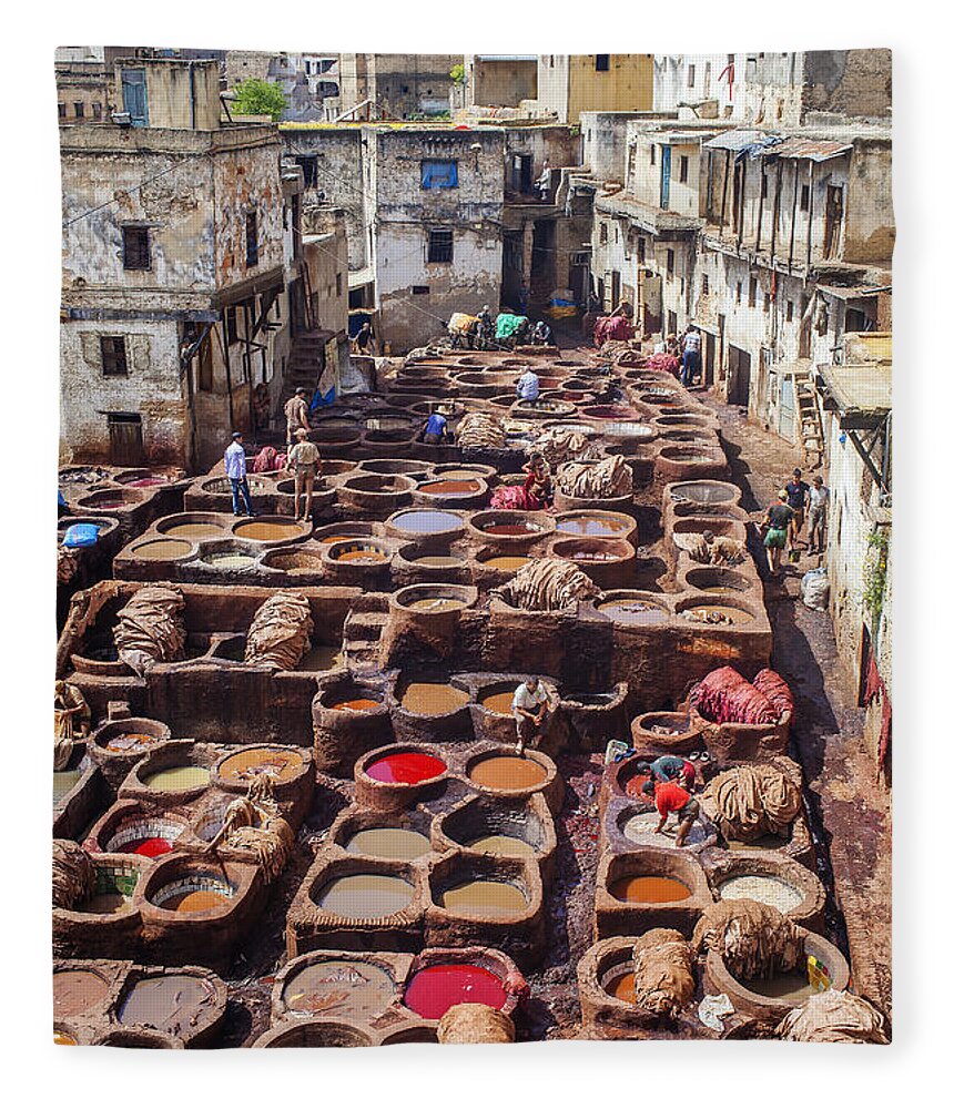 Africa Fleece Blanket featuring the photograph Fez tannery by Patricia Hofmeester