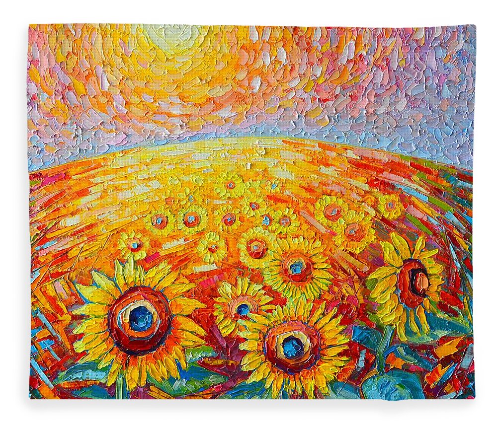Sunflower Fleece Blanket featuring the painting Fields Of Gold - Abstract Landscape With Sunflowers In Sunrise by Ana Maria Edulescu