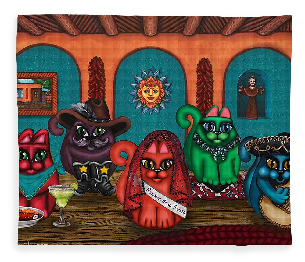 Folk Art Fleece Blanket featuring the painting Fiesta Cats II by Victoria De Almeida